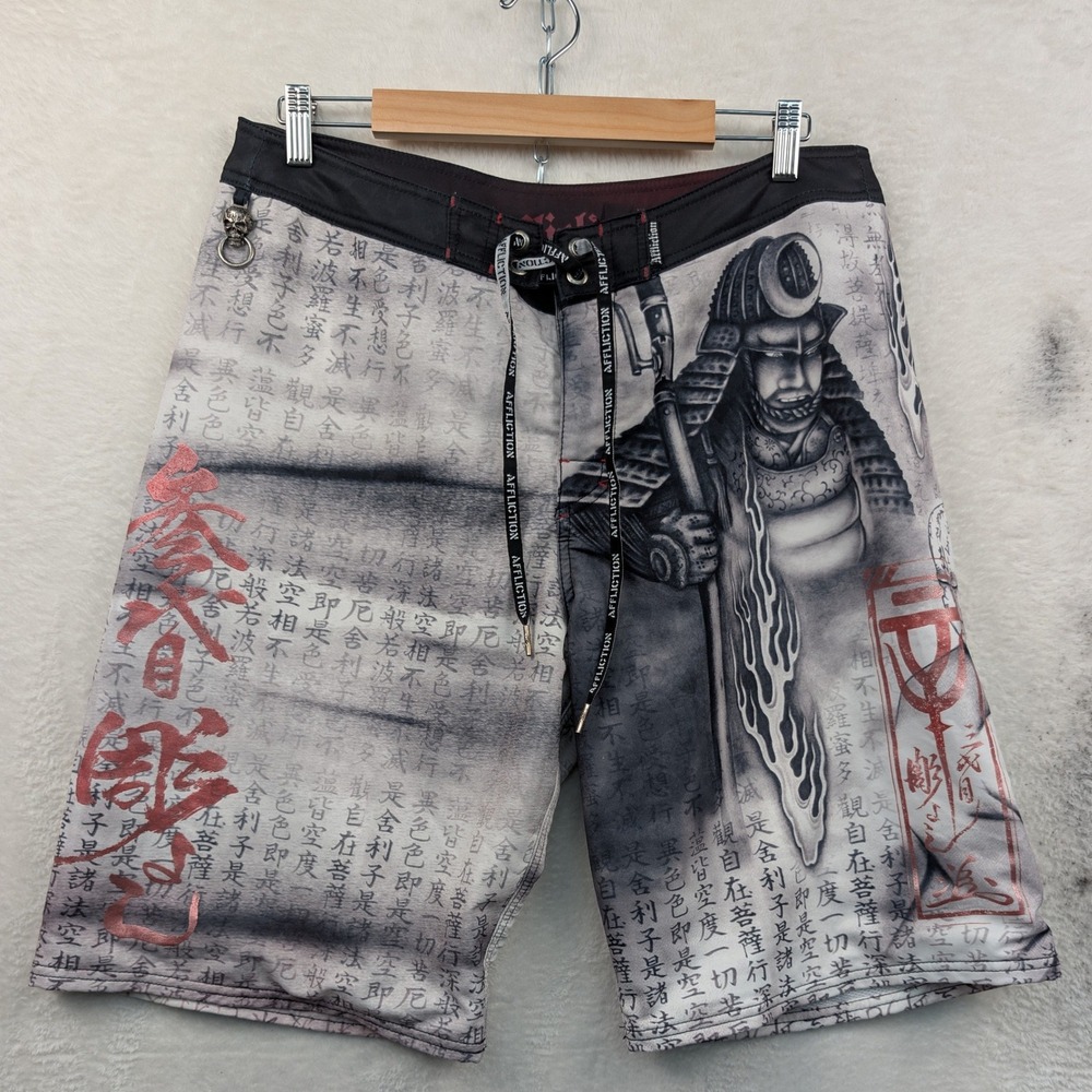 VTG Affliction Board Shorts Mens 36 Gray 11.5" Samurai Kanji AOP MMA Relaxed Y2K